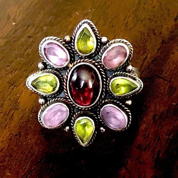 Sterling Silver Amethyst Peridot Garnet Flower Cocktail Ring Vintage - Picture 6 of 6